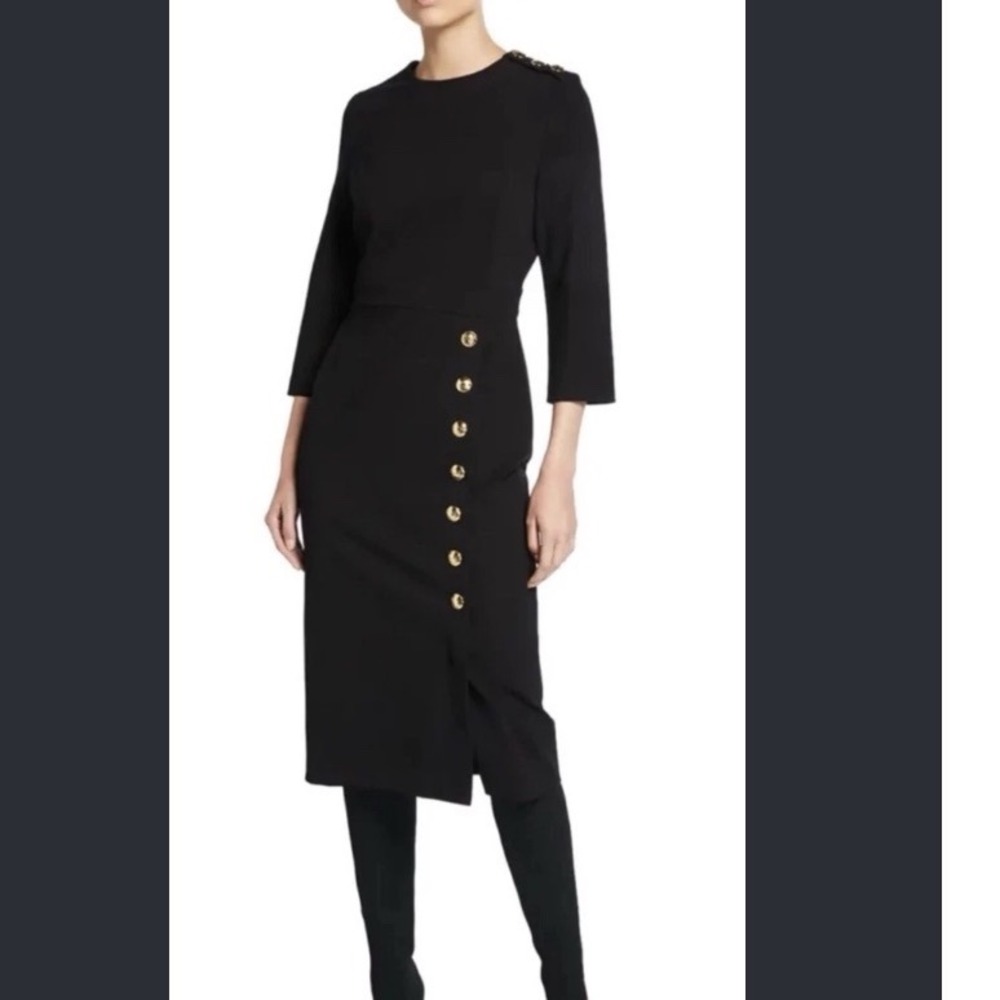 Escada Dhenia Black Button Sheath Dress Gold Trim 34 Military Midi 1008129 01